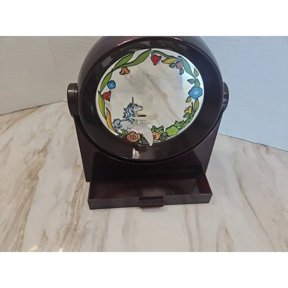 Vtg 70s Yaps Floral Unicorn Vanity Mirror Music Box w/ Drawer Moving Butterfly
